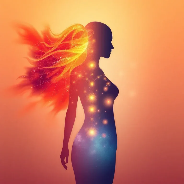 Abstract digital art of a feminine silhouette filled with cosmic energy. One side is warm with reds and oranges, transitionin