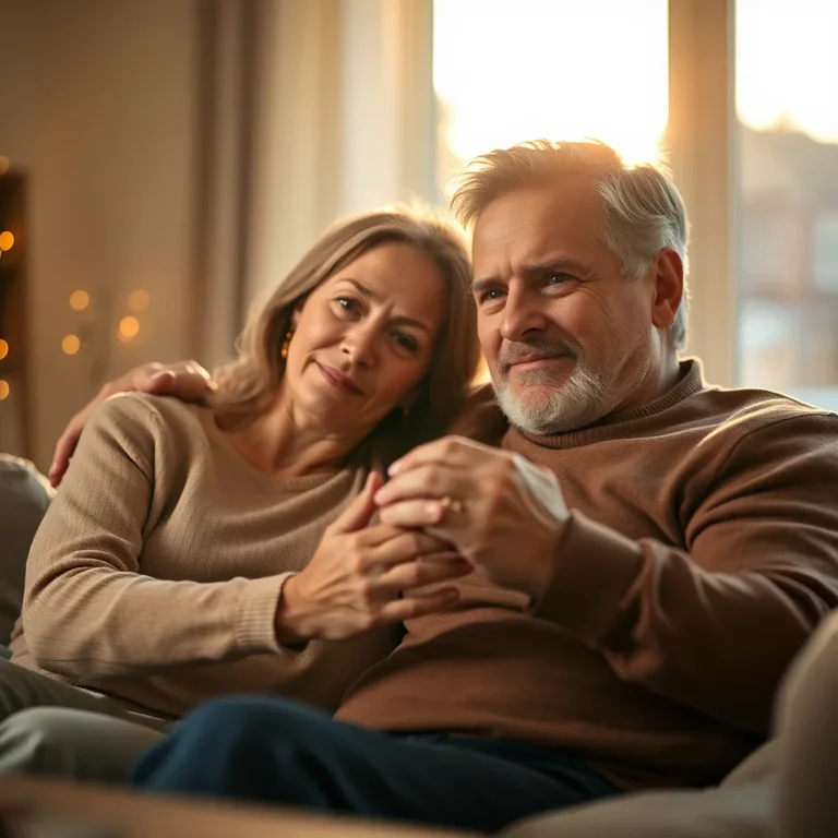 A mature couple shares a tender moment of connection on a sofa, bathed in warm sunset light, symbolizing renewed intimacy and
