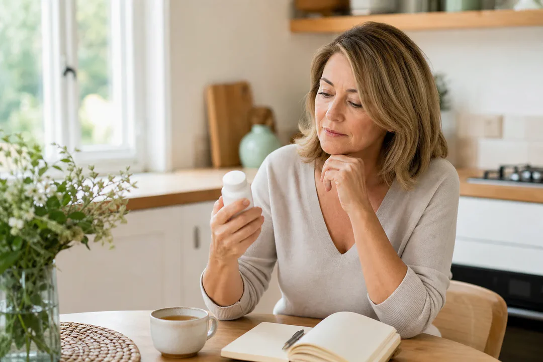 A calm woman in her fifties reflects at a kitchen table with tea, notes, and an unbranded supplement bottle, suggesting a nua