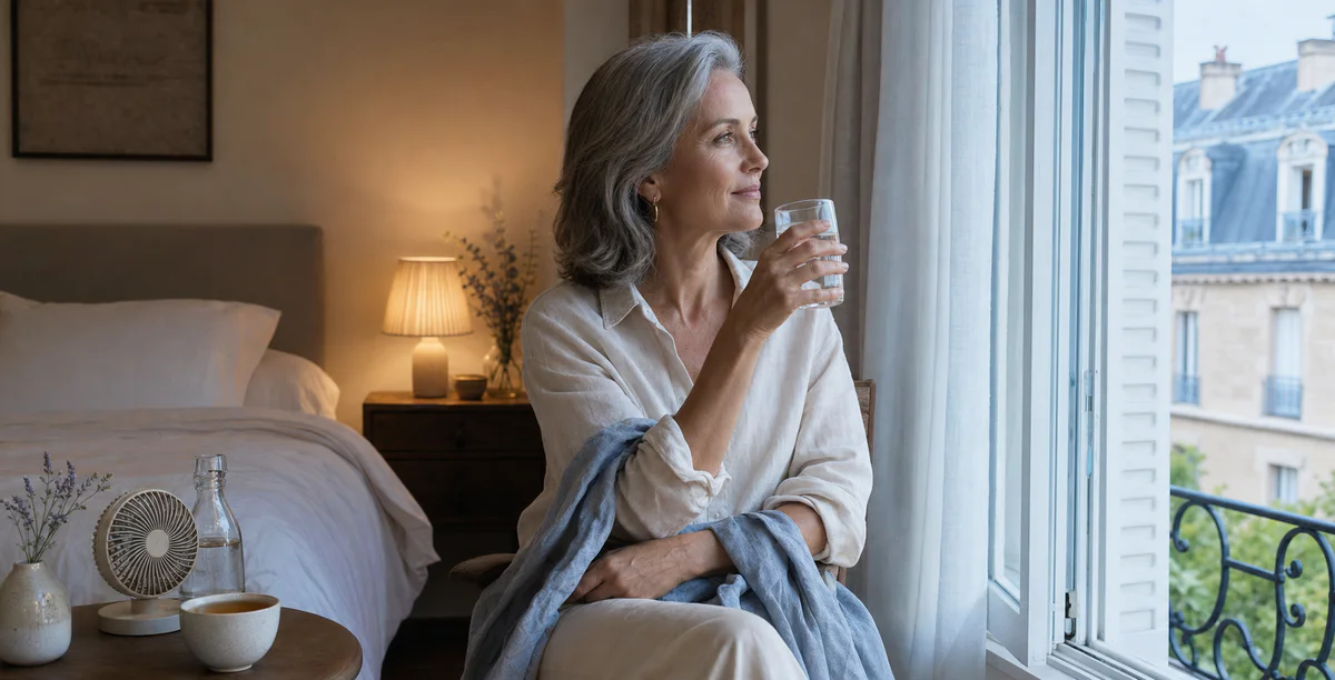 Femme à la ménopause assise près d'une fenêtre ouverte avec un verre d'eau fraîche, dans une ambiance calme évoquant le soula