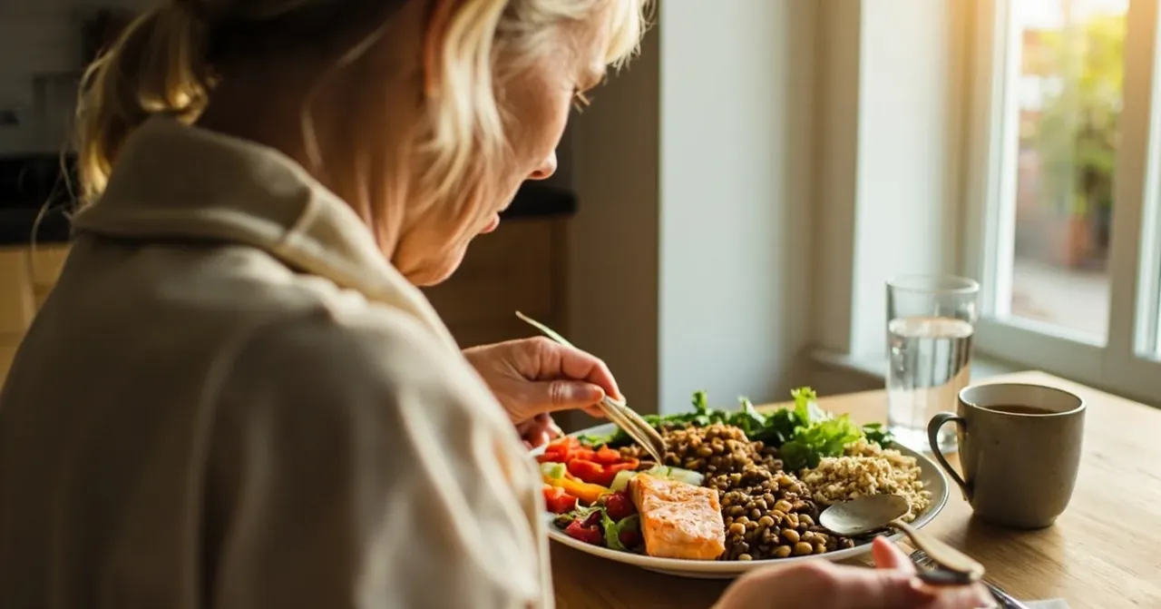 Femme mature compose sereinement un repas de saumon et lentilles