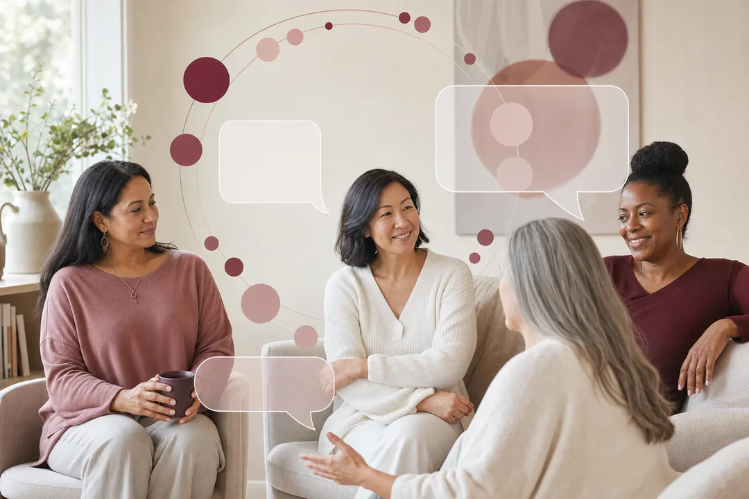 Diverse midlife women in a calm modern setting with abstract digital conversation bubbles and cycle symbols representing onli